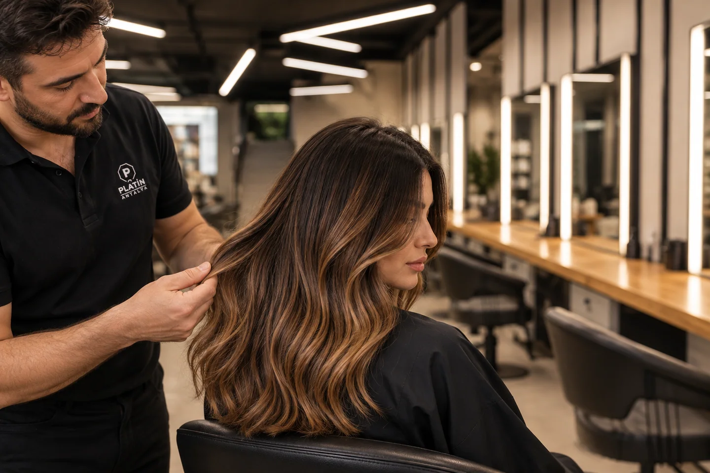 Sanfter Übergang von dunklem Ansatz zu Bronze- und Karamellreflexen im Salon