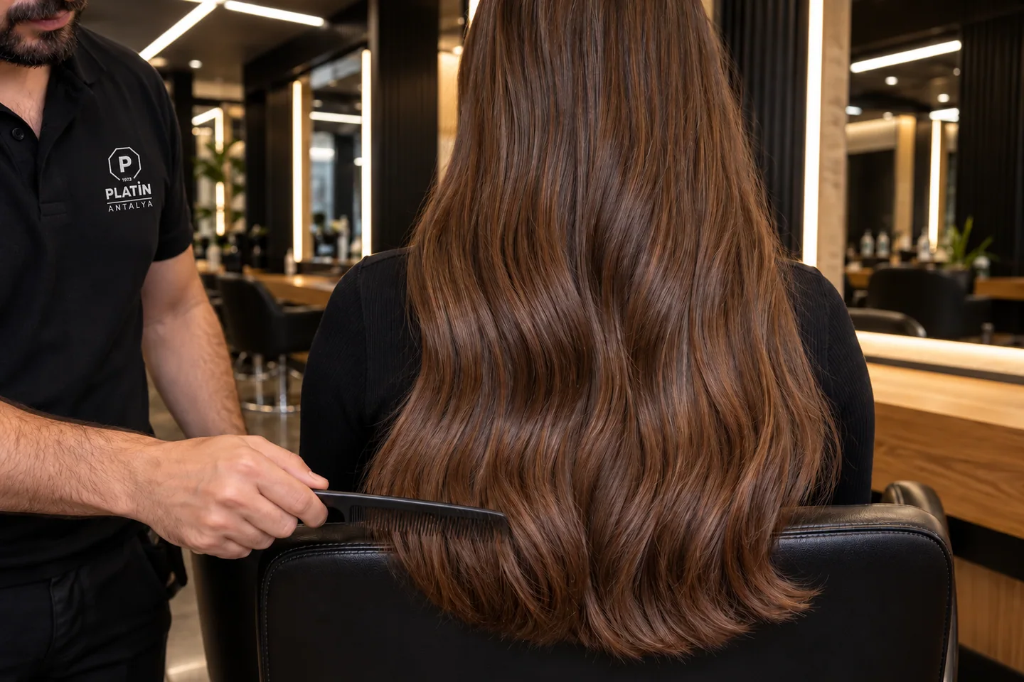 Glänzende braune Haarlängen und Spitzen vor einem schwarzen Salonstuhl