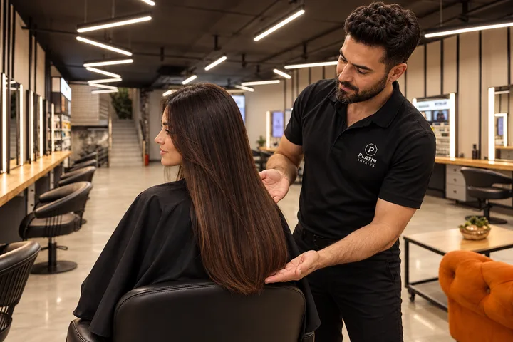 Längen- und Volumenplanung anhand langer dichter glatter Haare im Salon