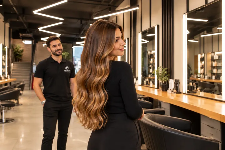 Lange weiche goldbraune Wellen am Rücken einer Frau im Platin-Salon