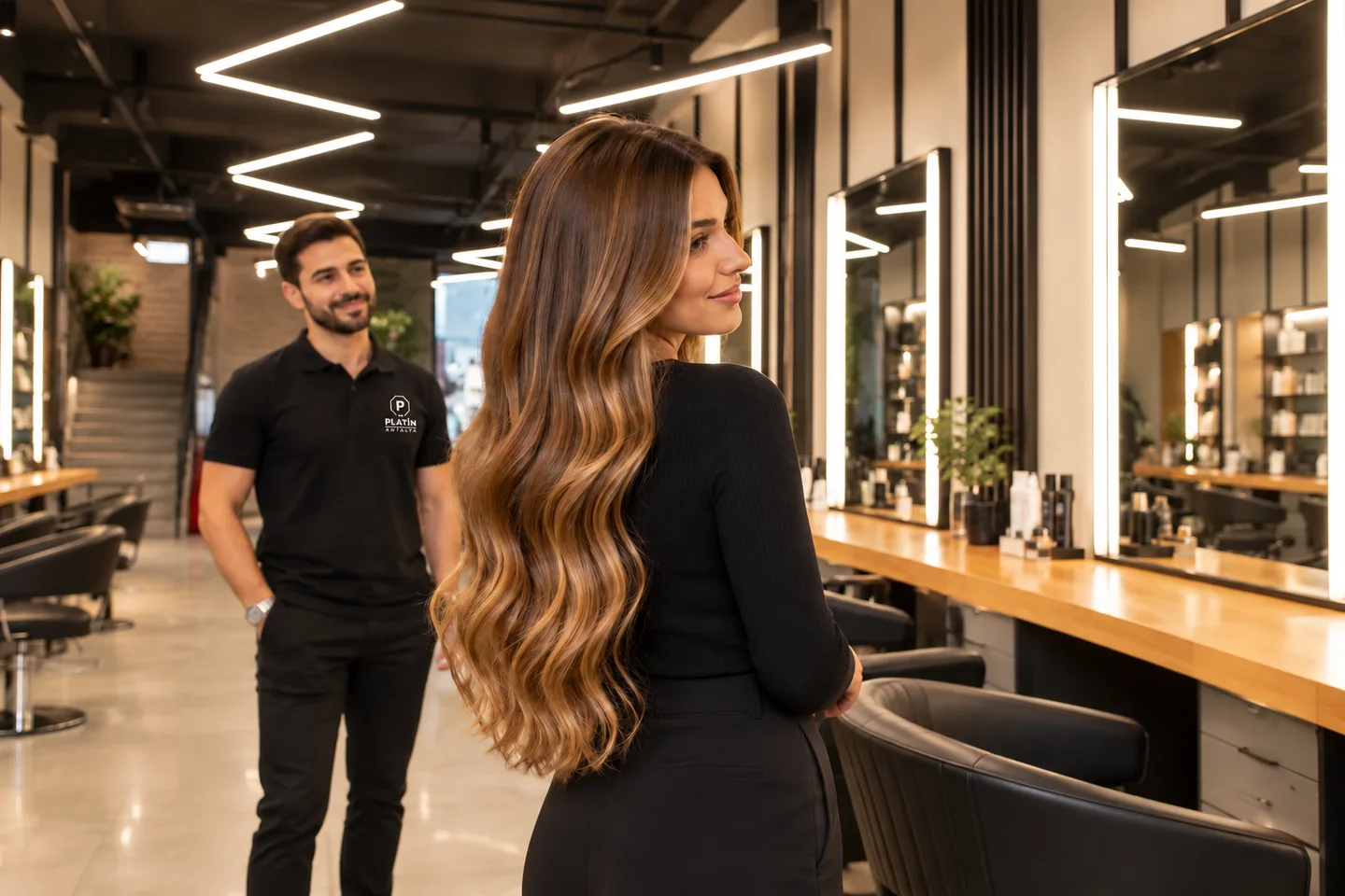 تموجات ناعمة طويلة بلون بني ذهبي تنسدل على ظهر امرأة واقفة في صالون بلاتين