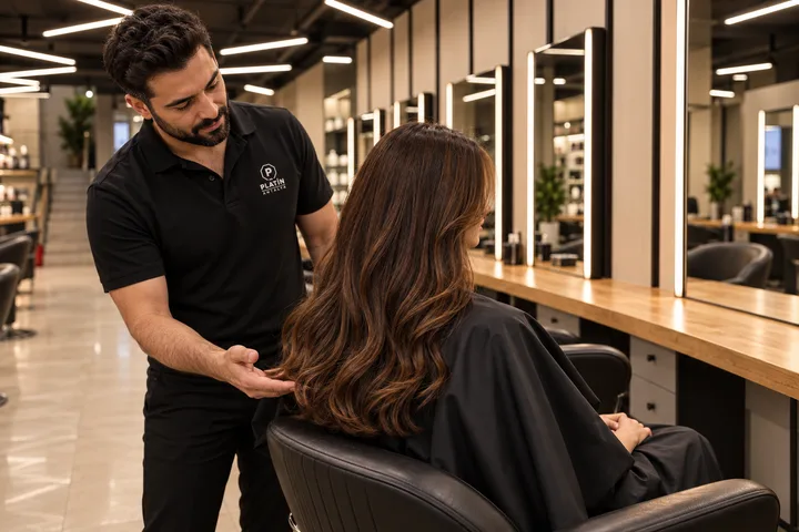 Male stylist discussing the outer lengths and ends of a woman’s long wavy hair in a black salon chair