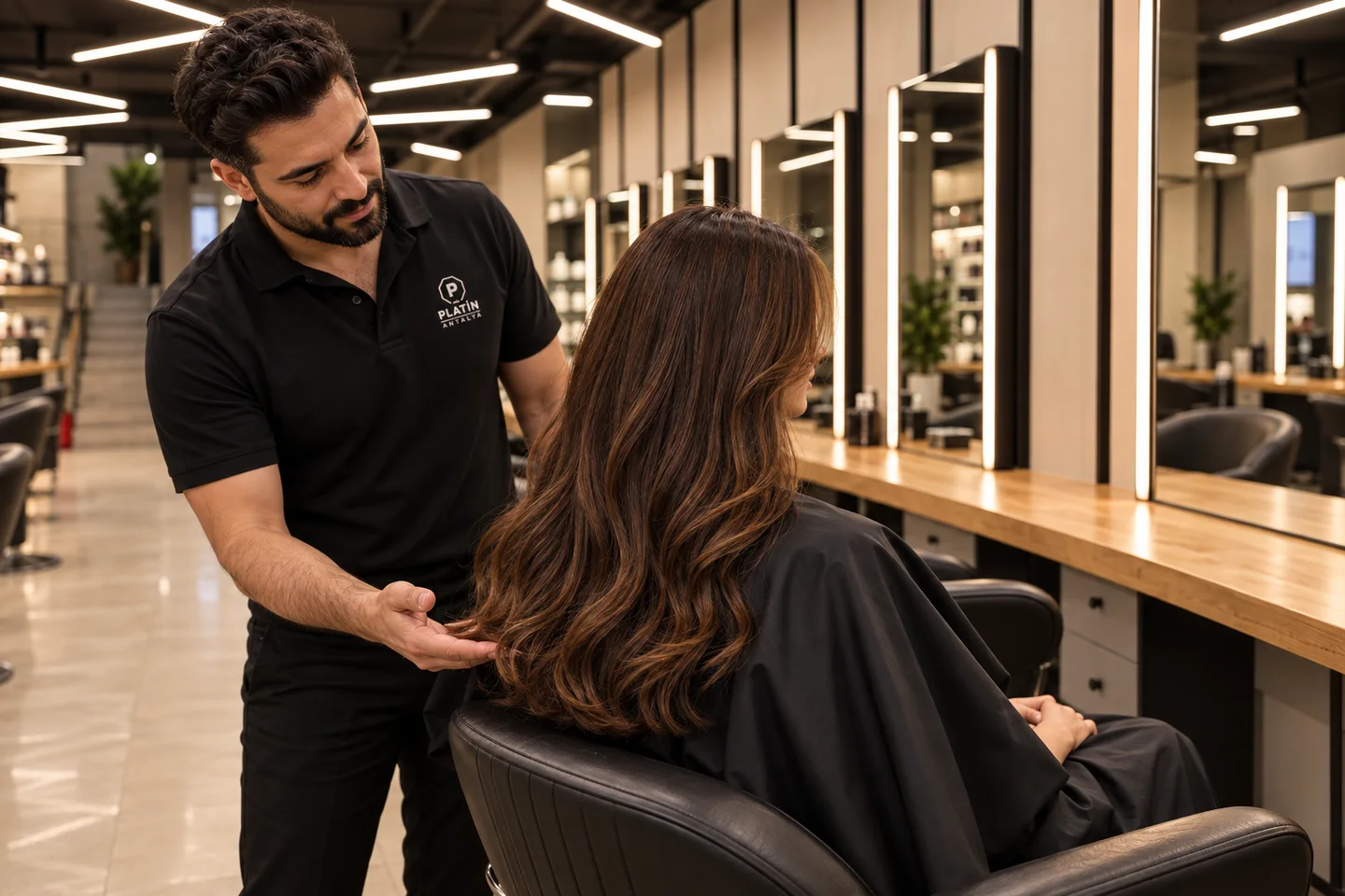 Friseur bespricht die äußeren Längen und Spitzen des langen gewellten Haares einer Kundin im schwarzen Salonstuhl