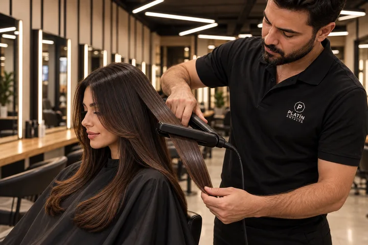 Male stylist in a black branded uniform using a professional flat iron on the mid-lengths of long brown hair