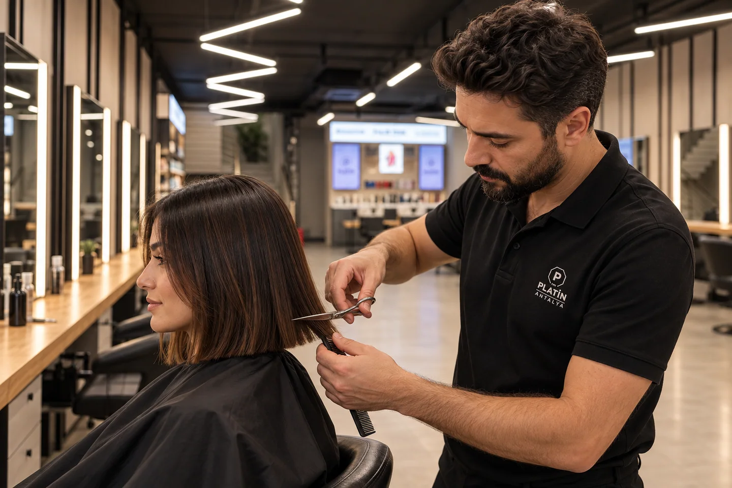 A shoulder-length haircut shaped with scissors and a comb for a guest in a black salon chair