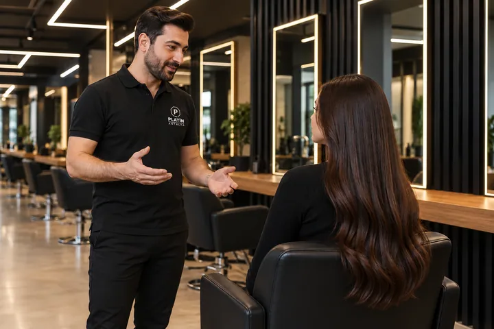 A stylist consultation with a long-haired guest in a salon with wooden counters