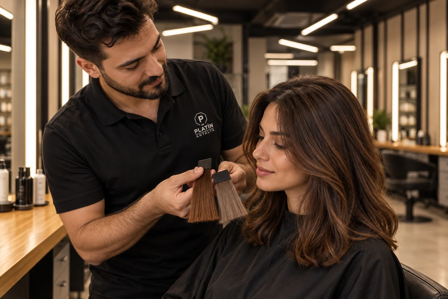 A stylist comparing two hair colour samples around a guest’s face in a wood-counter salon